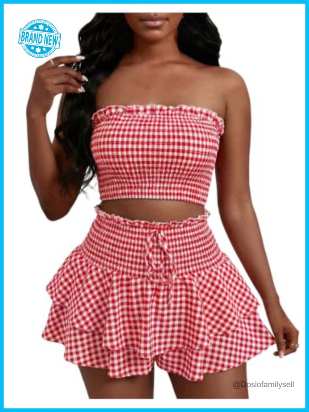 Women's 2 Piece Plaid Crop Tube Top Ruffle Short Set Polyester Blend